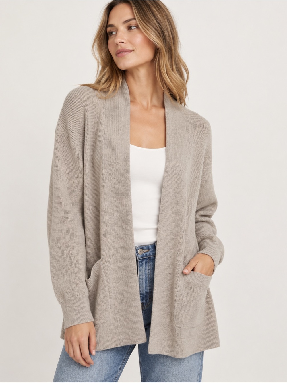 Cyrus Taupe Oatmeal Tan Open Front Waffle Knit Cardigan Sweater Pockets, size XL